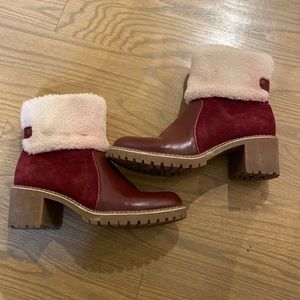Red leather and suede sheer long boots